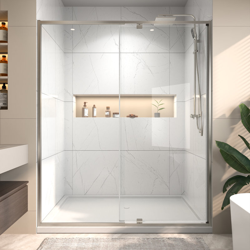Porte de douche coulissante simple demi-cadre l 56 "x H 71" x H 56 ", Nickel brossé