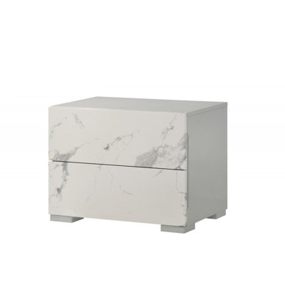Table de chevet moderne laquée blanc / gris avec stratifié marbre