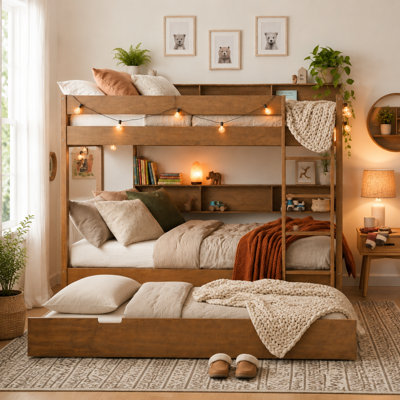 Lit superposé avec lit gigogne escamotable et tablettes de rangement intégrées