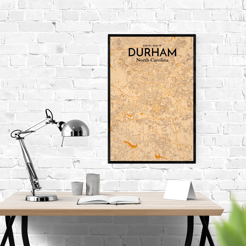 Durham City Map, impression, H 36 po x l 24 po, Orange / or pâle