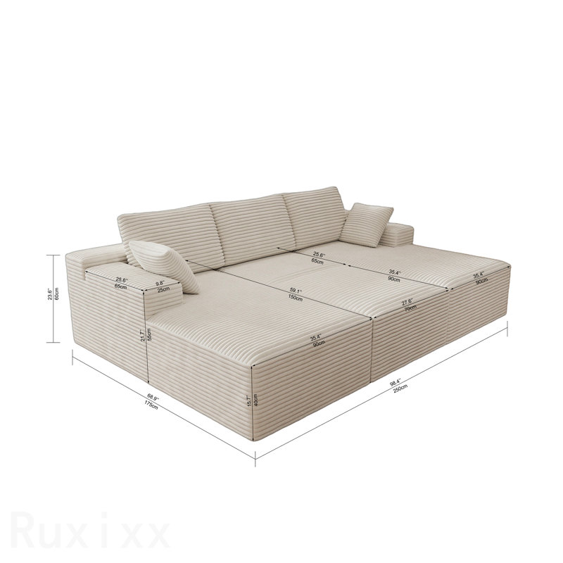 Siège de canapé modulaire modulaire, canapé rembourré et compressé pour le salon, la chambre à coucher, un appartement, aucun assemblage requis, combinaison gratuite de 4 pièces, tissu en velours côtelé moelleux