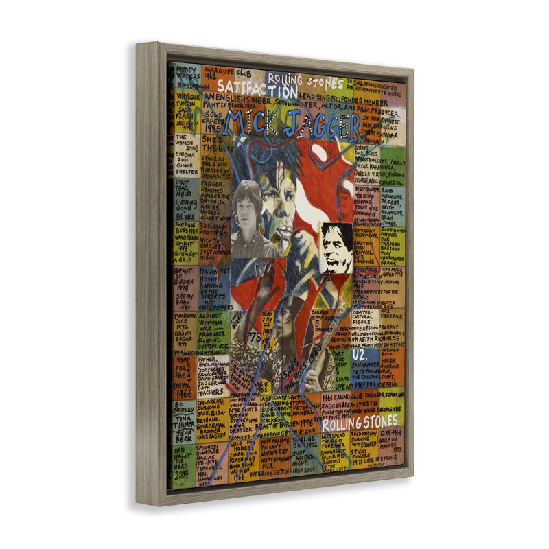 «Jagger Collage», art mural encadré flottant par Sabin, H 31 po x l 25 po, Cadre flottant métallique doré