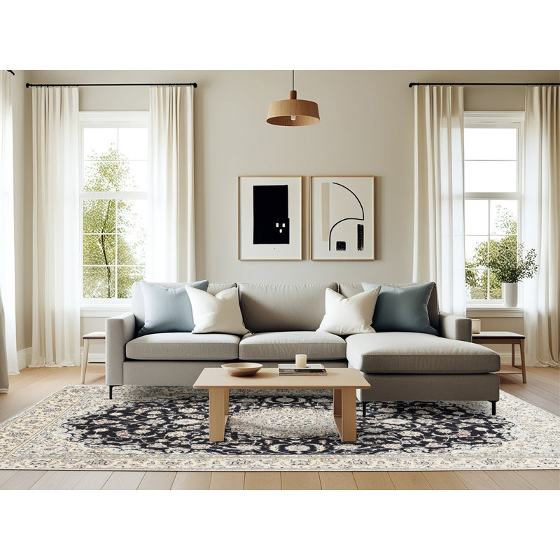 Noir oriental/Tapis décoratif Ivoire Ewen, Rectangle 6 pi x 9 pi