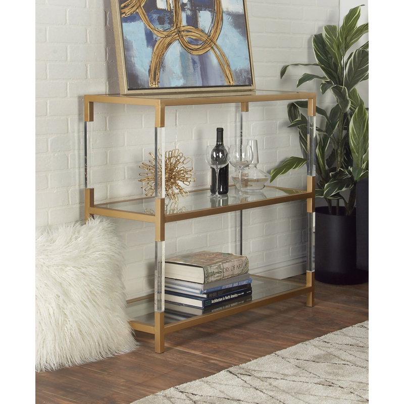 Metal 2 Shelf Gold Console Table with Clear Glass Top and Acrylic Legs