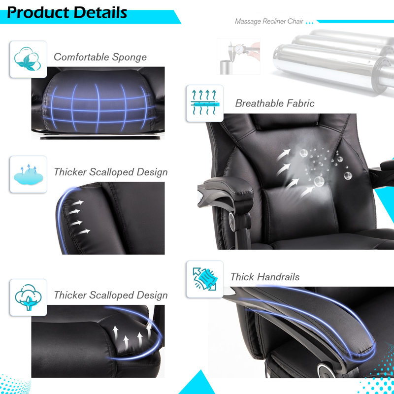 Chaise de bureau avec massage vibrant à 7 points et fonctions de chaleur, Noir avec appui-tête