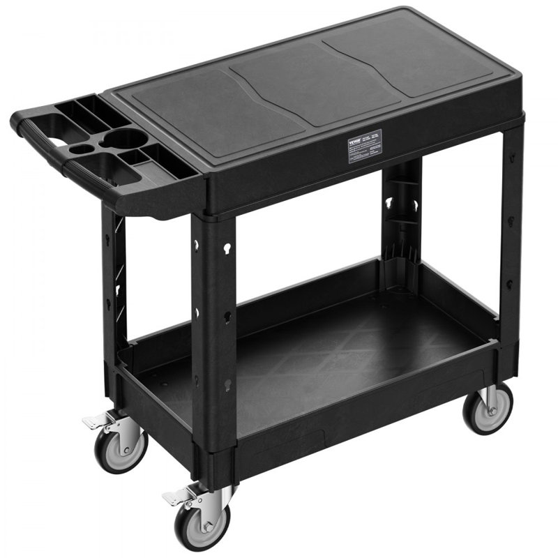Chariot utilitaire, capacité de charge de 250 kg, dimensions : 80 x 45 cm, en plastique robuste à deux étagères, avec roues pivotantes à 360° (dont 2 avec freins). Parfait pour le garage, le nettoyage et l'entrepôt.