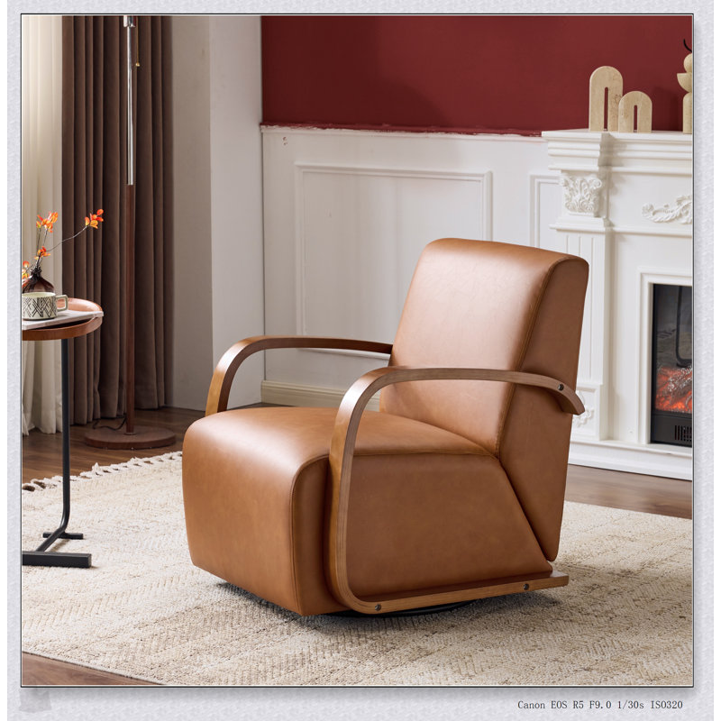 Fauteuil d'appoint pivotant brun rétro - Cuir luxueux luxueux, accoudoirs en bois massif, confort ergonomique pour le salon et le bureau