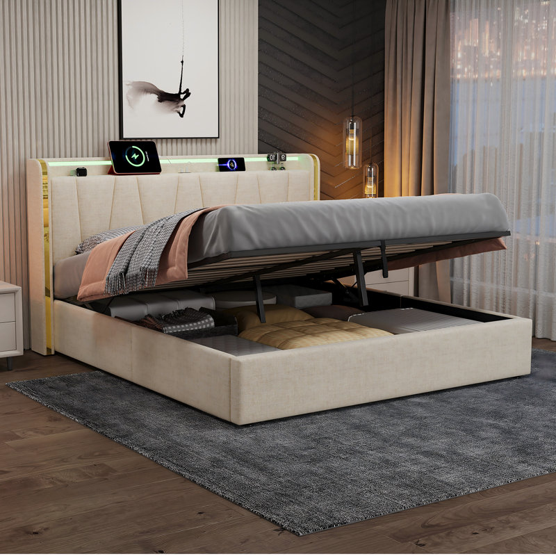 Upholstered Bed With Storage, Led And Usb Linen Beige, Kingsize (5')