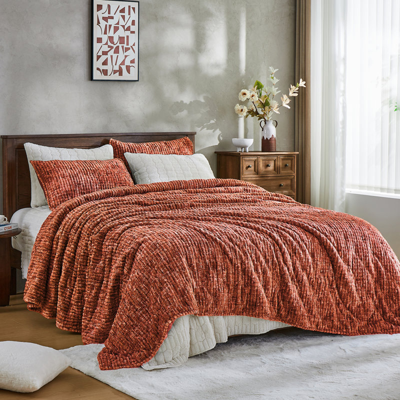 Wonderful Luxury Milky Velvet Quilt Set, Queen Quilt, Burnt Orange