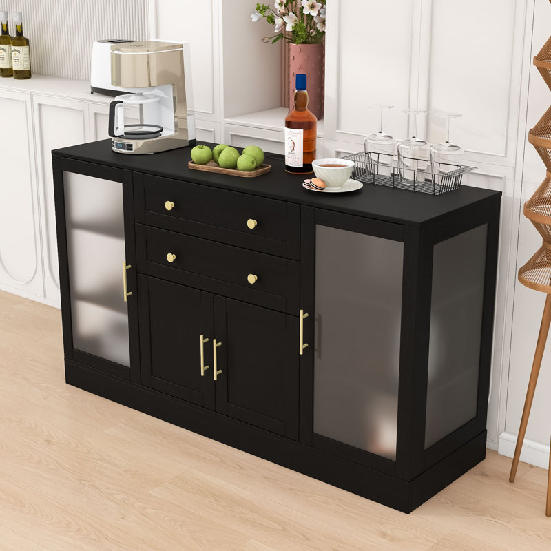 Buffet Sideboard with Adjustable Shelves, Power Outlet, 4 Doors and 2 Drawers, Black