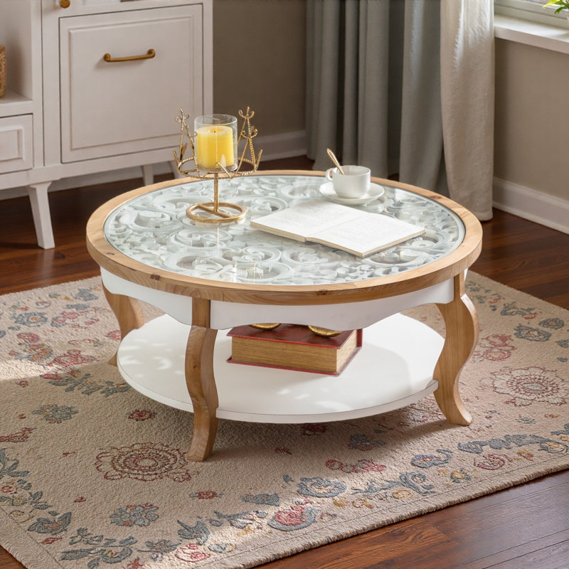 Table basse ronde en bois avec plateau en verre, table centrale circulaire en bois massif avec pieds incurvés et plateau en verre trempé amovible, table basse pour le salon, espace restreint, assemblage facile