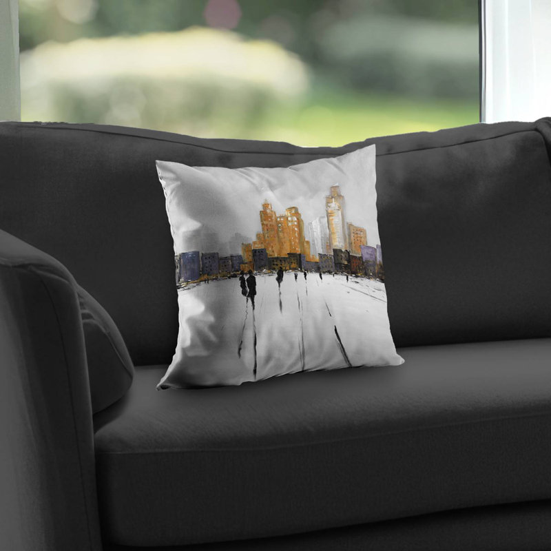 Silhouettes Walking Towards the City - Gray Cities Throw Pillow – Poly Twill Throw Pillow with Insert, Double-Sided Print