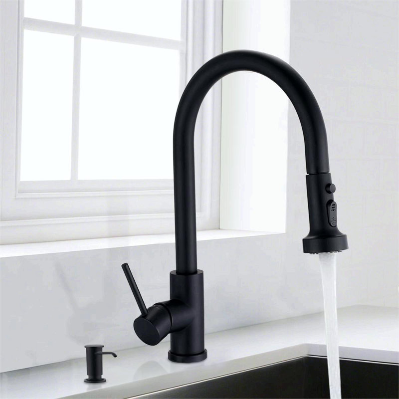 Robinet de cuisine rétractable à poignée simple avec distributeur de savon, Noir mat