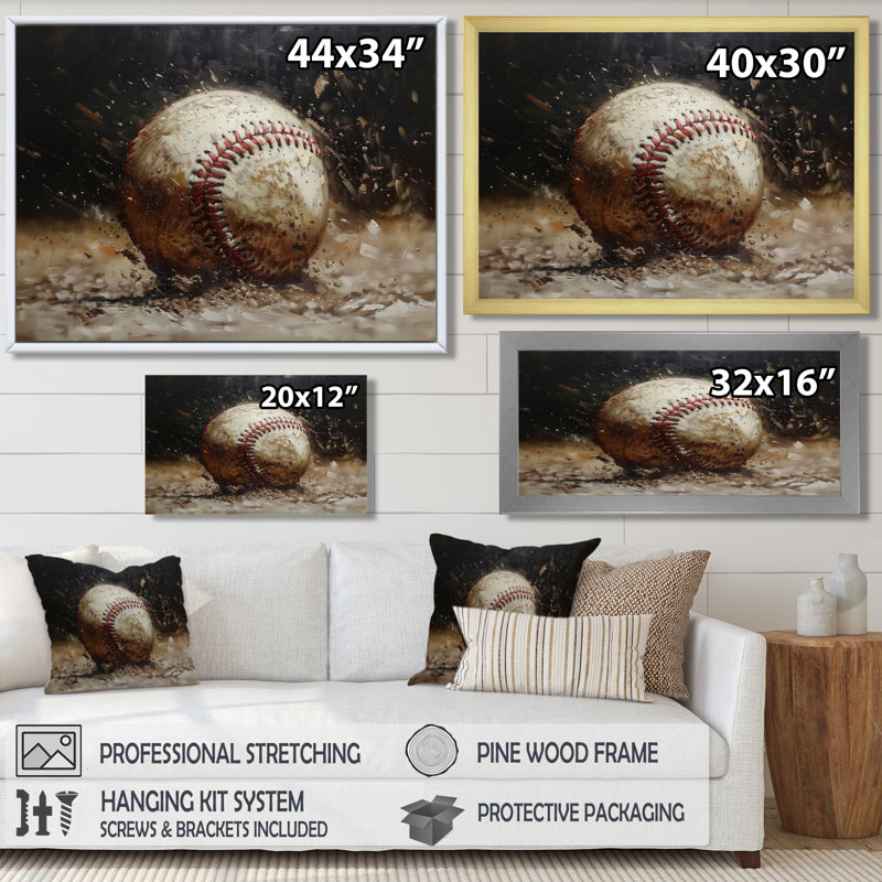 Baseball gros plan Home Run - décoration murale baseball sport, Toile encadrée flottante dorée, H 12 po x l 20 po x P 1 po