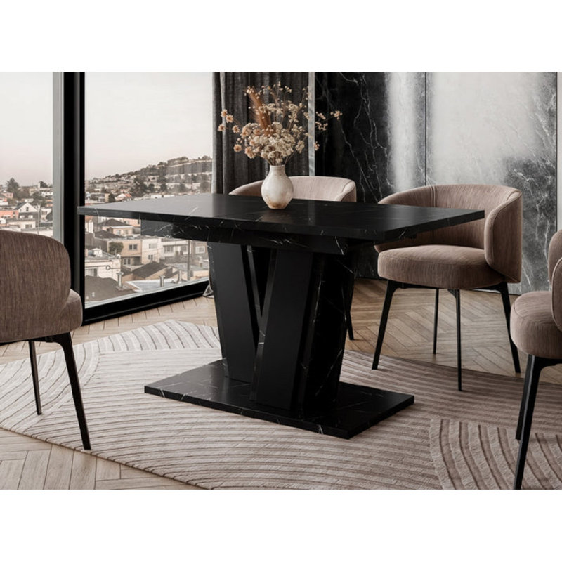 Extendable Oak Metal Base Dining Table, Black Marble/Black, Black Marble
