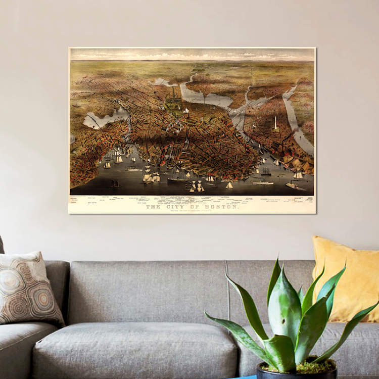 « boston map, 1873 », impression sur toile, H 40 po x l 60 po x P 1,5 po, Toile tendue, Pas de tapis