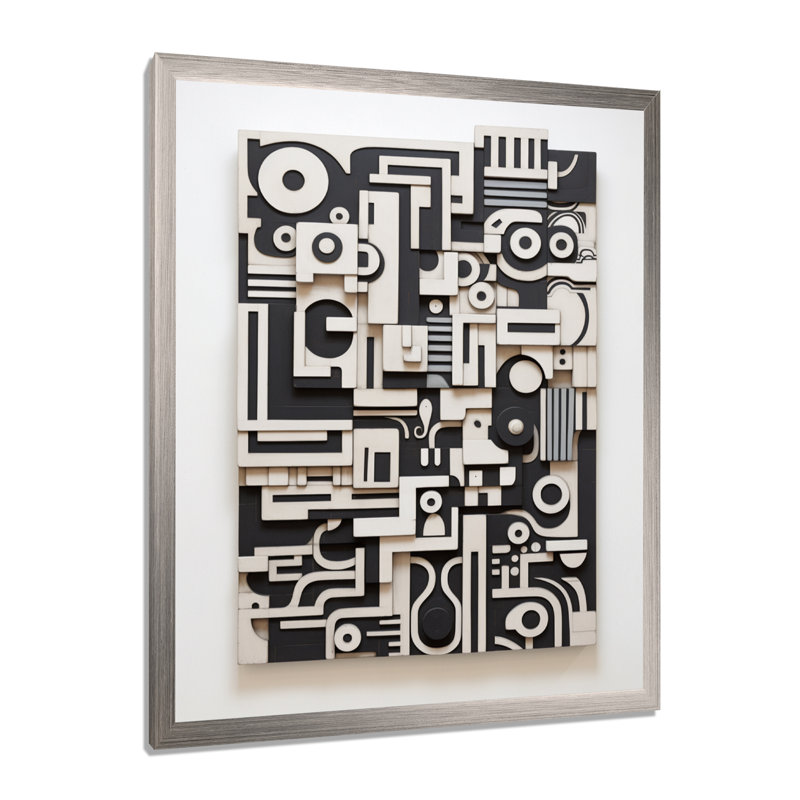 Art urbain abstrait noir et blanc - art mural abstrait, H 32 po x l 16 po x P 1 po, Cadre simple argenté