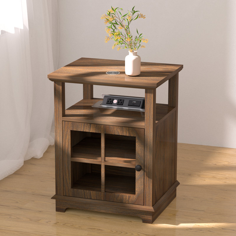 Cherelyn 24" Tall End Table with Storage and Built-In Outlets for Living Room, Nightstand for Bedroom, Office, Walnut, Walnut