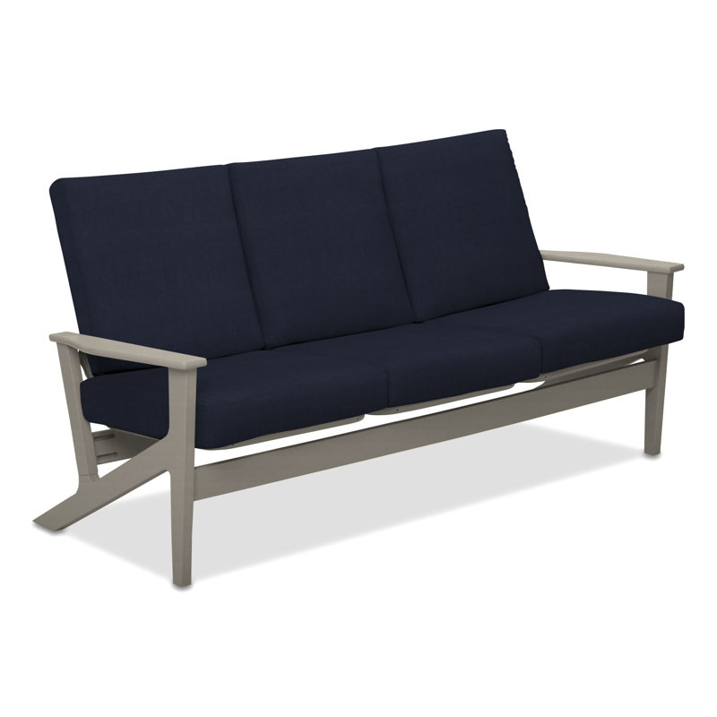 Chrisa 74.5'' Wide Patio Sofa with Cushions, Warm Gray, Spectrum Indigo Sunbrella®