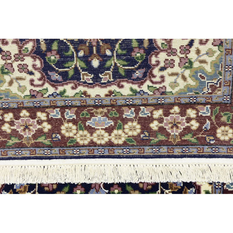 Tapis rectangulaire bleu en laine noué à la main à motif floral, Rectangle de 2 pi 8 po x 4 pi
