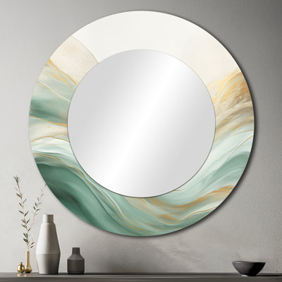 Sambor Gold And Green Soft Wave Fusion I - Abstract Shapes Large Wall Mirror, Modern Round Unique Mirror, Printed Metal Art