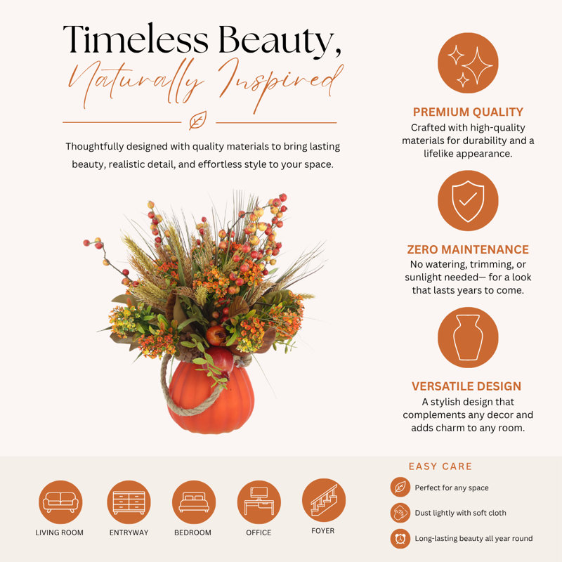 Pomegranate and Wheat Arrangement in Glass Pumpkin Vase