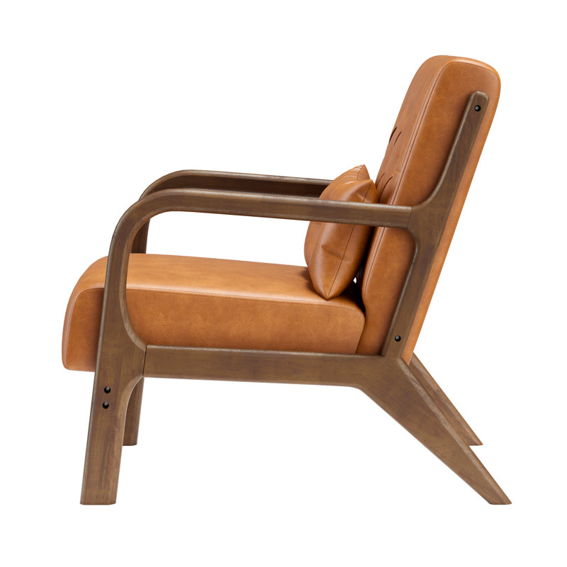 Alcie 25.79" W Tufted Faux Leather Upholstered Armchair with Wooden Armrests & Legs and Pillow, Caramel Faux Leather