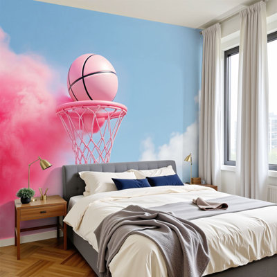 Peel and Stick Wallpaper 96" W x 69" H Modern Self Adhesive Wall Mural for Bedroom Pink Basketball Hoop Clouds Sport