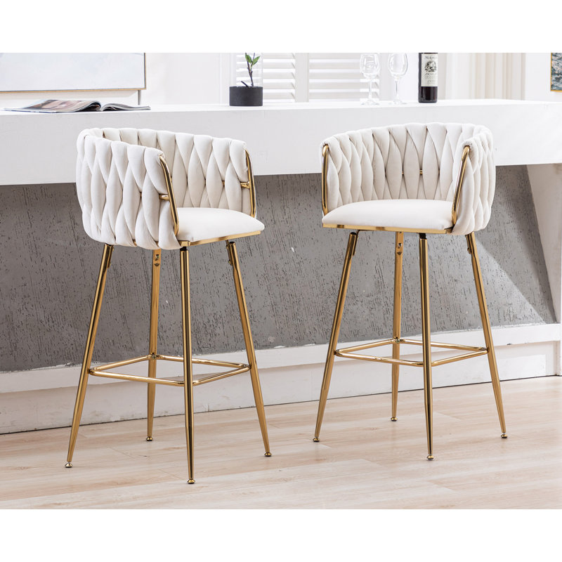 Swivel Upholstered Bar Stools Velvet Counter Stools with Metal Frame (Set of 2), Beige