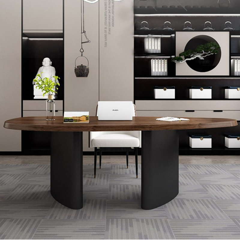 Bureau d'écriture en bois massif noisette, 29.53" H x 94.49" W x 41.34" D