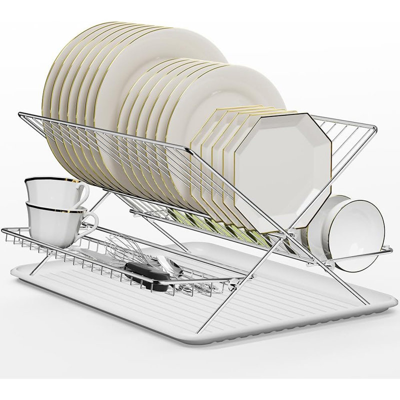 Foldable Stainless Steel 3-Tier Dish Drying Rack with White Drip Tray
