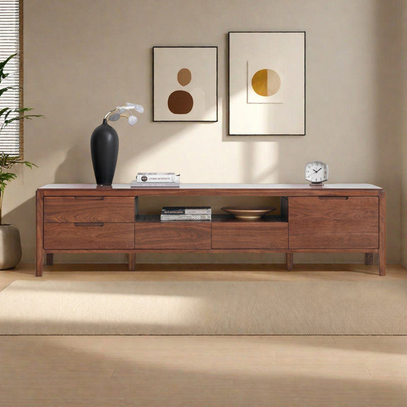 Meuble télé en bois de noyer avec tablette ouverte, H 17,71 po x L 86,61 po x l 15,75 po