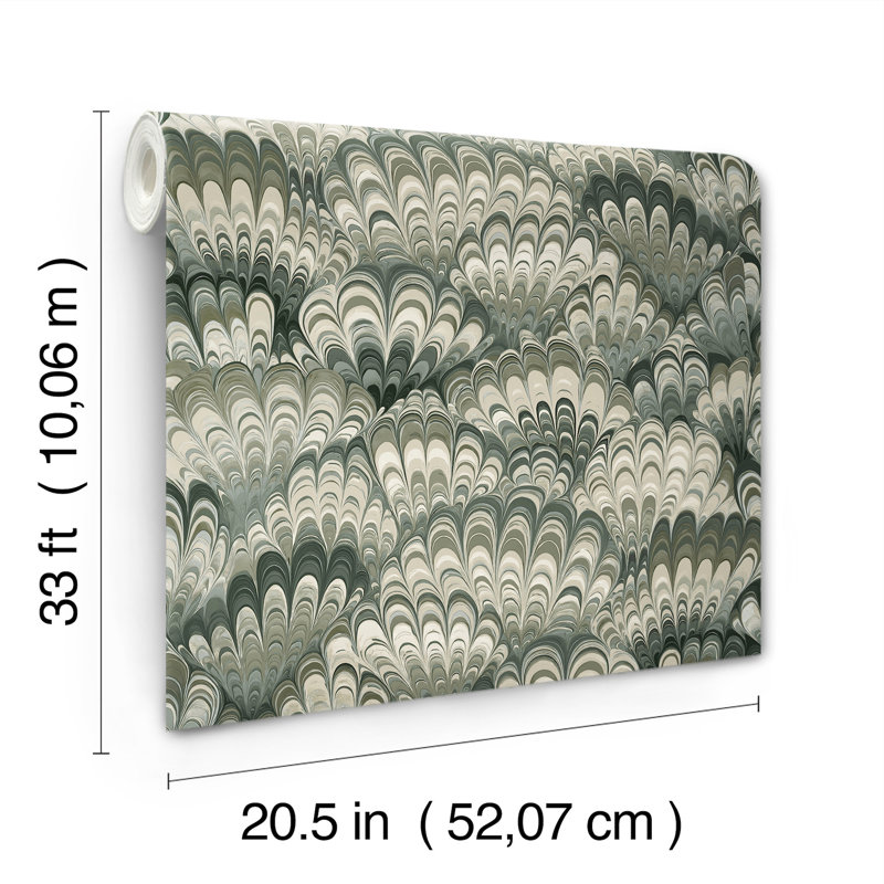 Octavia Dark Green Marbled Ink Wallpaper, Green
