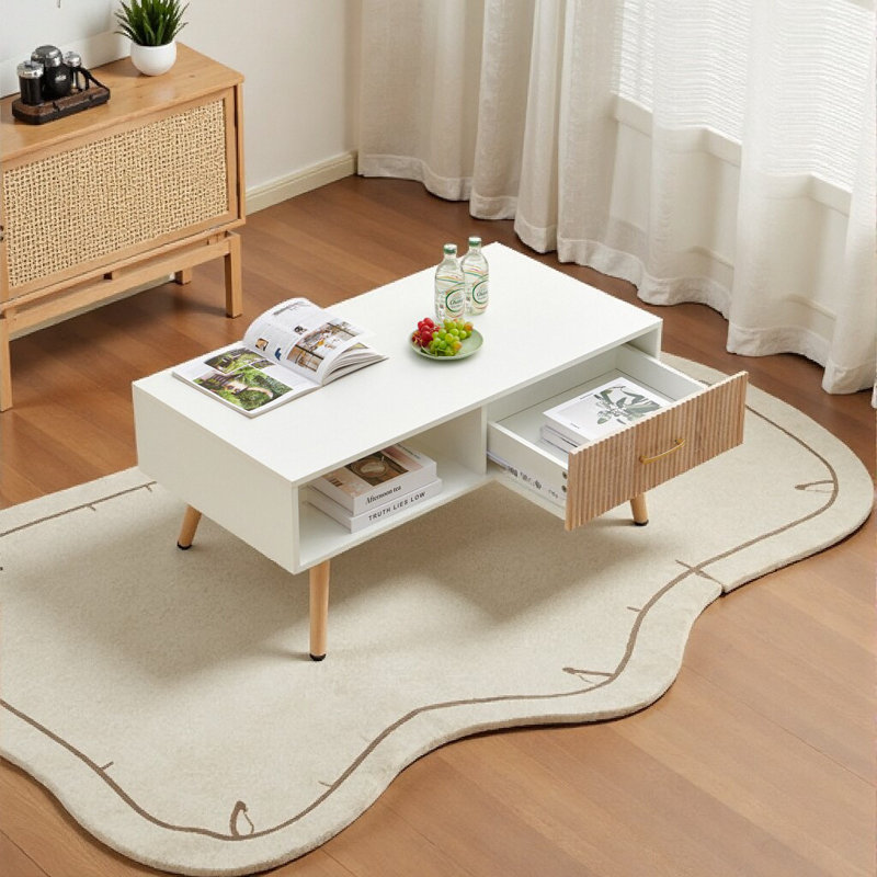 Table basse rectangulaire avec pieds en bois massif, Blanc, Naturel