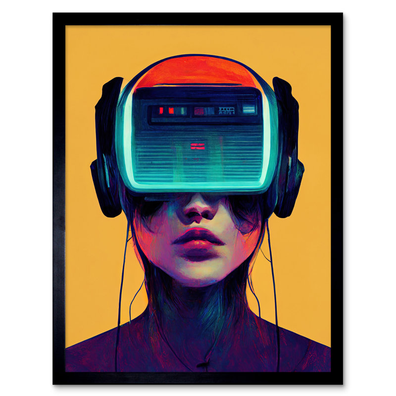 Gamer Gaming Illustration VR Headset Lady - Single Picture Frame Print