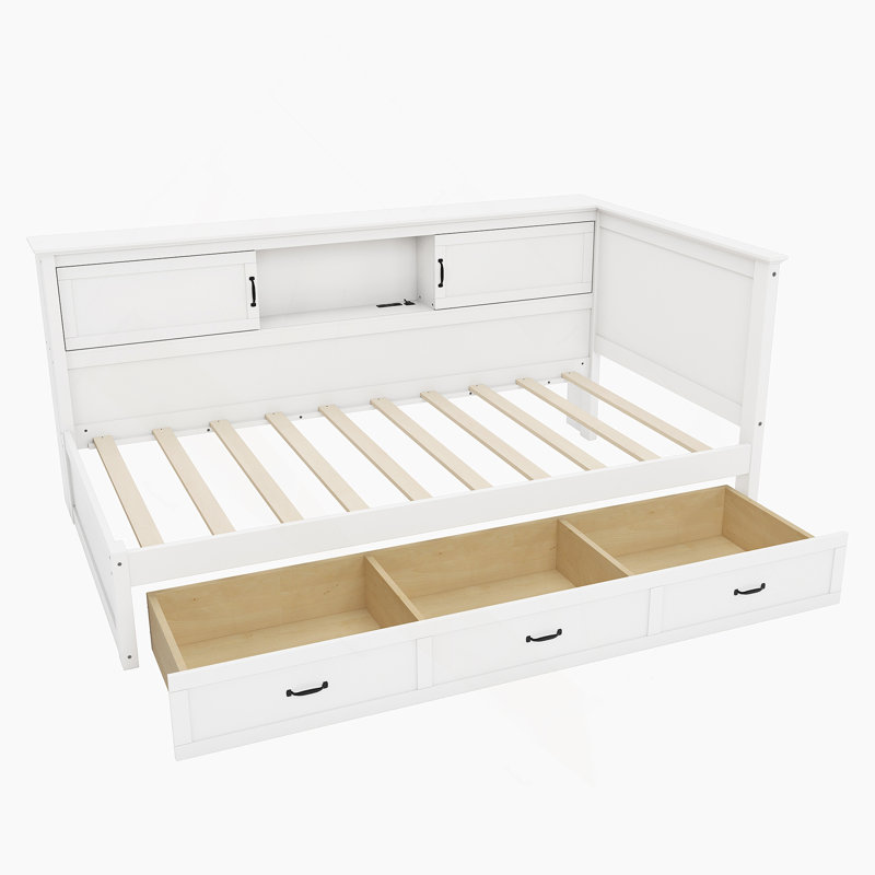 L-Shaped Bed Frame with Drawer and and Bookcase,Corner Bed Wooden Captain Bed, Full/Double