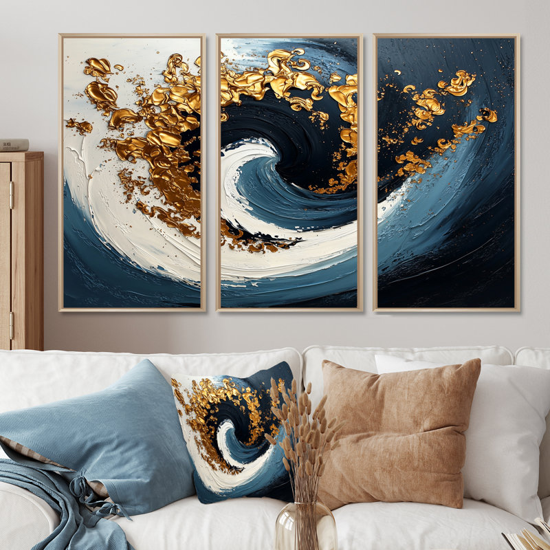 Ensemble de salon bleu et doré Spiraling Prosperity Spiral II - Abstract Spirals, Toile naturelle avec cadre flottant