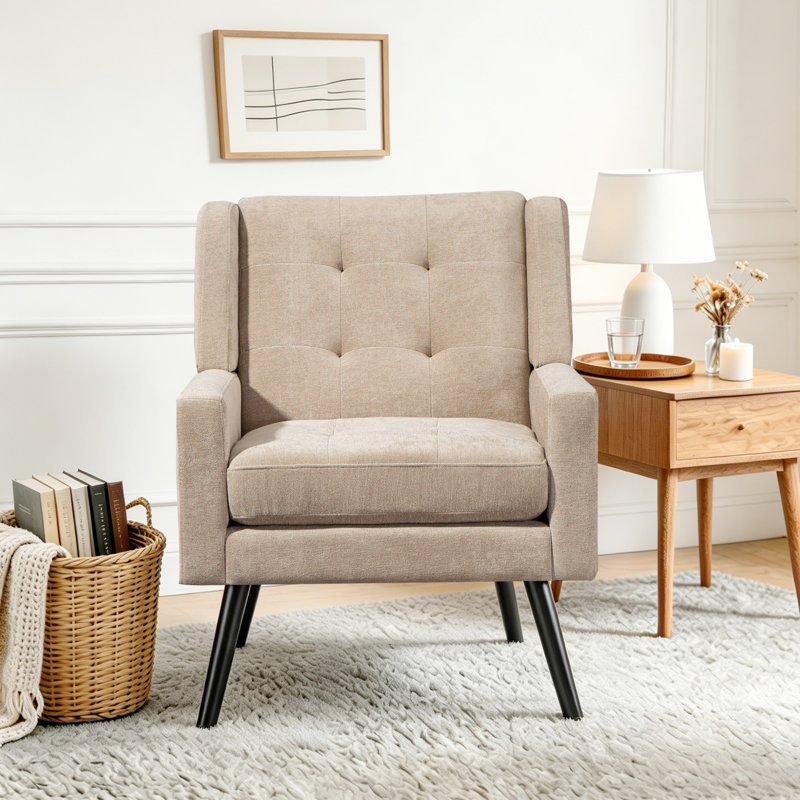 Tufted Upholstered Wide Back Armchair, Dark Beige Linen