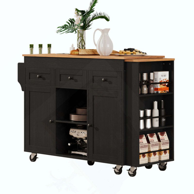 Kitchen Island With Extendable Dining Table, Kitchen Storage Table With 3 Side Open Shelves, Rolling Kitchen Island With Power Outlet, 3 Drawers, 2 Doors, For Kitchen, Dining Room