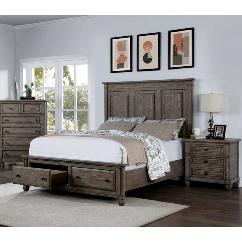 Table de chevet en bois massif gris chaud, 3 tiroirs, table de chevet transitionnelle brossée avec look