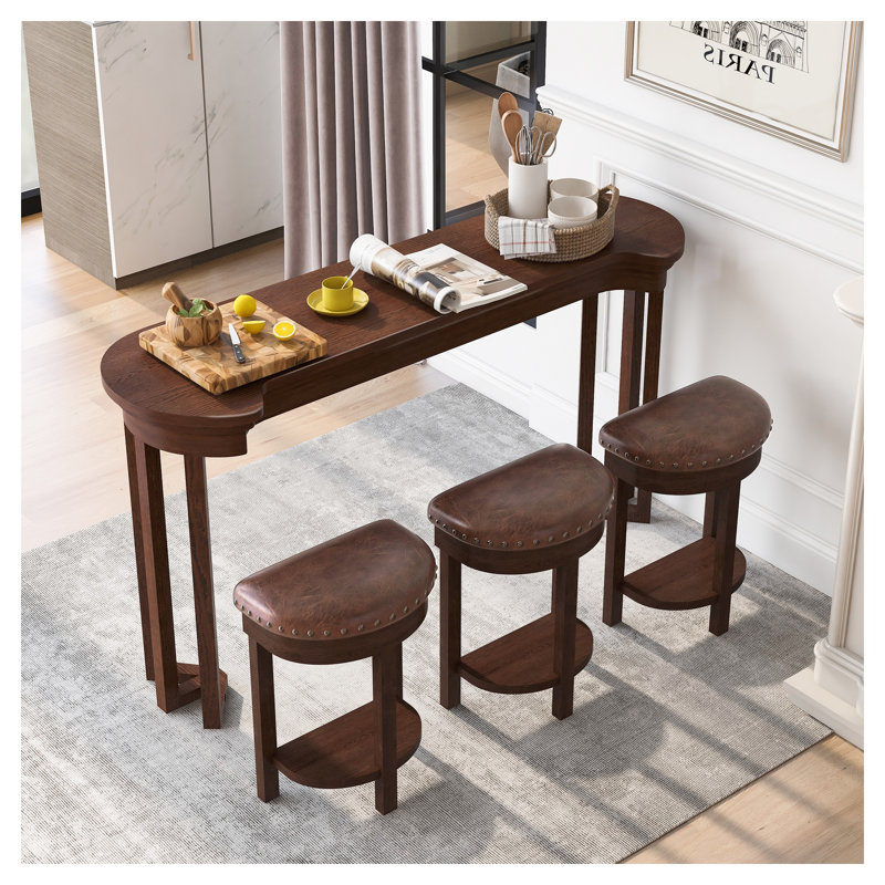 Ensemble de table de bar 4 pièces avec 3 tabourets revêtus de polyuréthane, finition en placage de bois massif cerisier