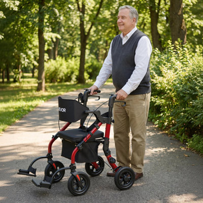 Fauteuil roulant et de transport 2 en 1 pour personnes âgées, fauteuil roulant pliable, aide à la mobilité légère en aluminium avec roues en polyuréthane massif, porte-gobelet et canne - Supporte 300 lb
