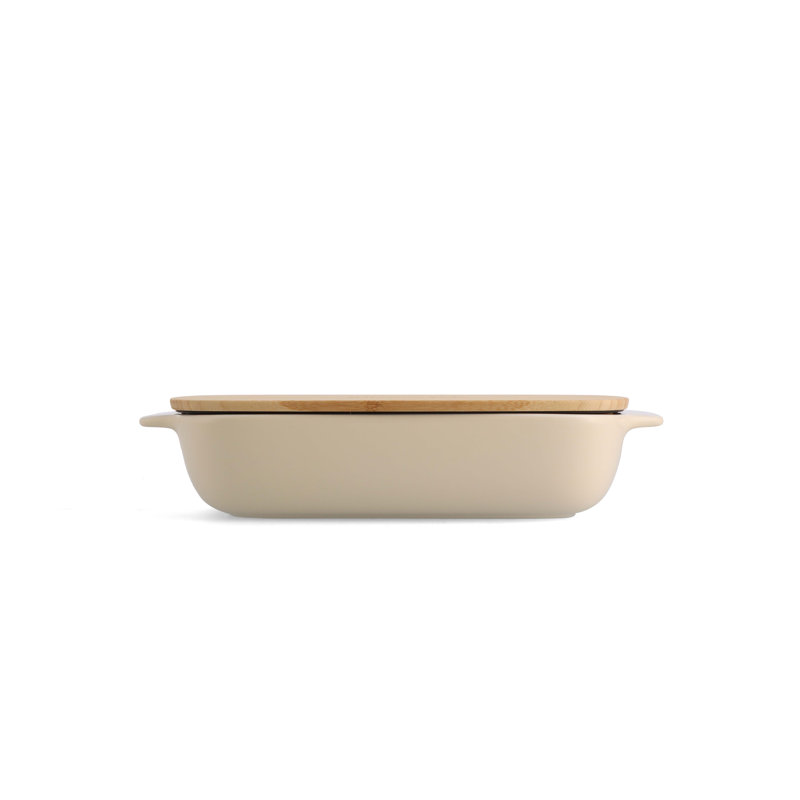 KitchenAid Stoneware Rectangular Dish with Bamboo Lid, Almond Cream, 32cm