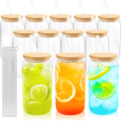 Ensemble de 12 verres en forme de canette (47 cl) avec couvercles en bambou et pailles

Verres transparents
