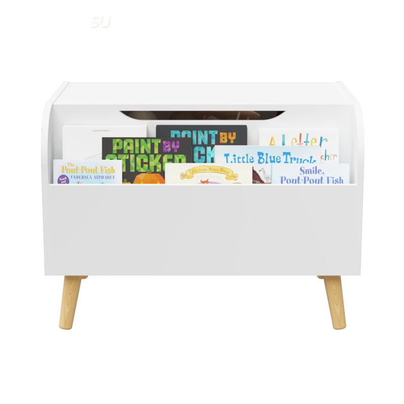 Boîte à jouets en bois avec bibliothèque à l'avant, couvercle rabattable et charnière de sécurité pour l'organisation de la chambre des enfants