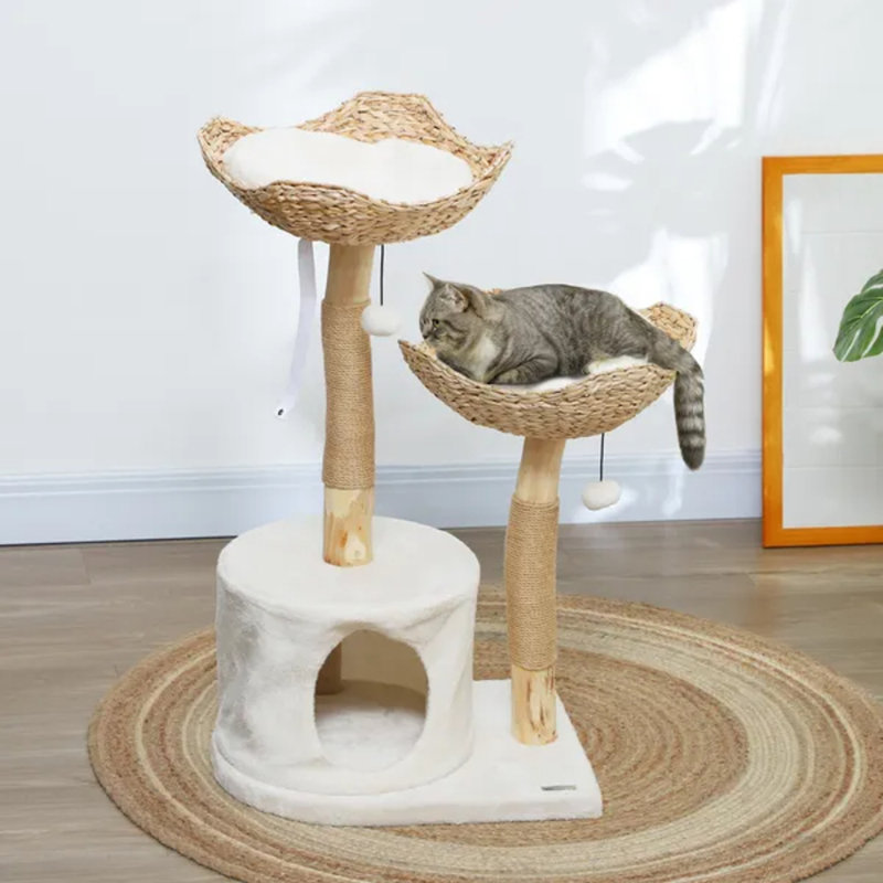 Arbre à chat moderne de 37 pouces avec poteaux à griffer en bois, condo, lits, coussins, boules de jouets et ensemble anti-basculement