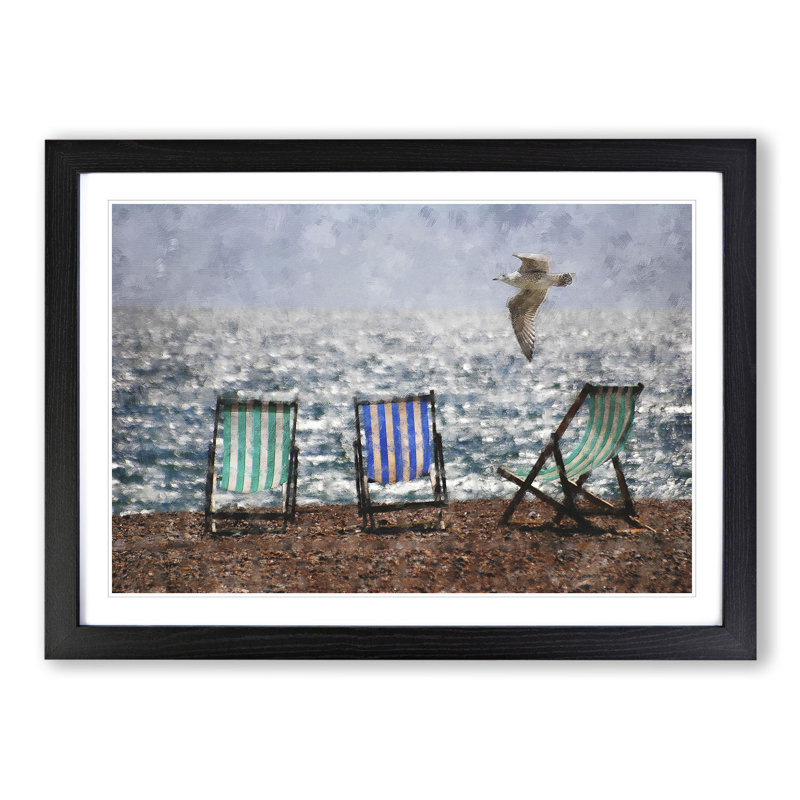 Seagull over Brighton Beach Deckchairs - Picture Frame Graphic Art, 48cm H x 65cm W x 2cm D, Black Framed