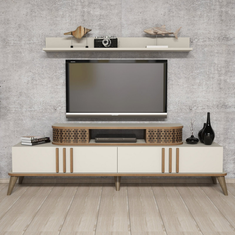 Modern Cream TV Unit with Wall Shelf, 66.1 x 20.3 x 15.4 inches | 100% Melamine Coated Particle Board, Thickness: 0.7 inches | Multiple Shelves, Wall-Mountable Design, Elegant & Functional for Living Room Décor