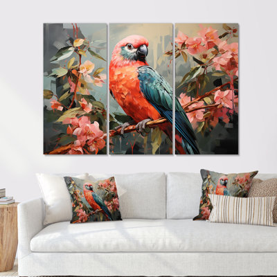 Perroquet rose et vert, arbre floral, harmonie I - art mural perroquet