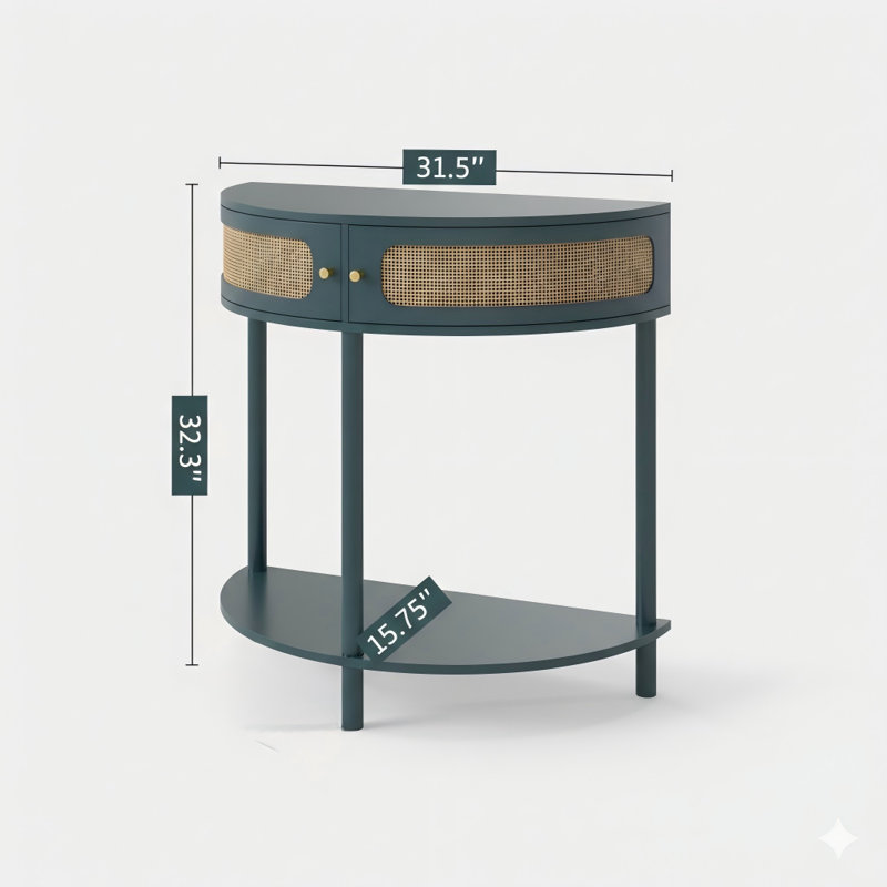 Stylish Semi-Circular End Table Featuring A Unique Crescent Shape And A Sliding Rattan Door. This Elegant Entryway Console Includes Two Rattan-Front Storage Compartments And A Bottom Shelf, Ideal For The Living Room, Bedroom, Study, Or Hallway. Color: Gr